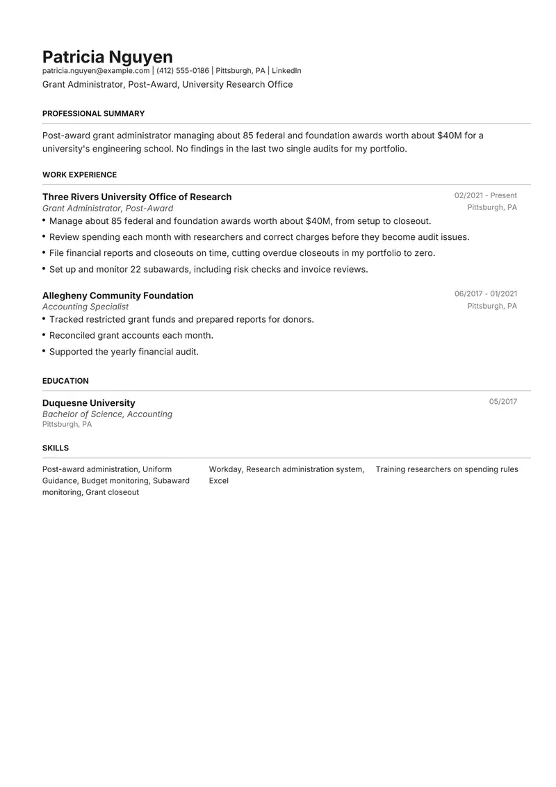 Grant Administrator resume template sample in Henrietta, page 1: fictional Grant Administrator, Post-Award, University Research Office