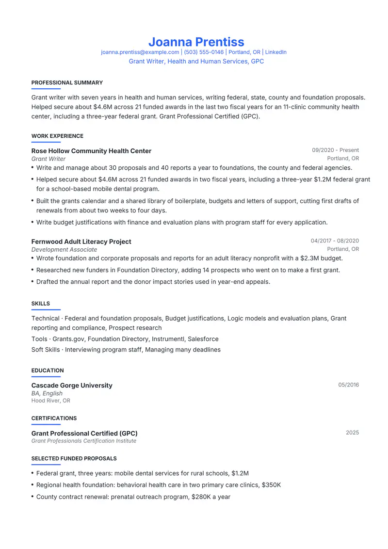 Grant Writer resume template sample in Leslie, page 1: fictional Grant Writer, Health and Human Services, GPC