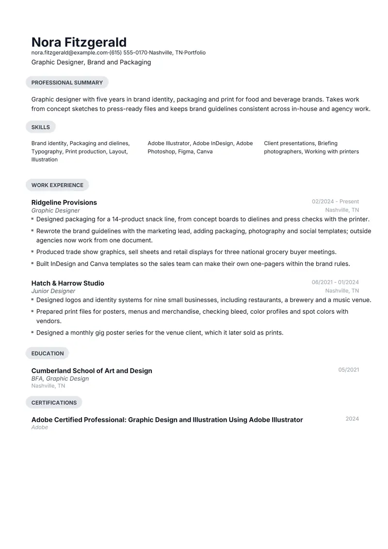 Graphic Designer resume template sample in Daniel, page 1: fictional Graphic Designer, Brand and Packaging
