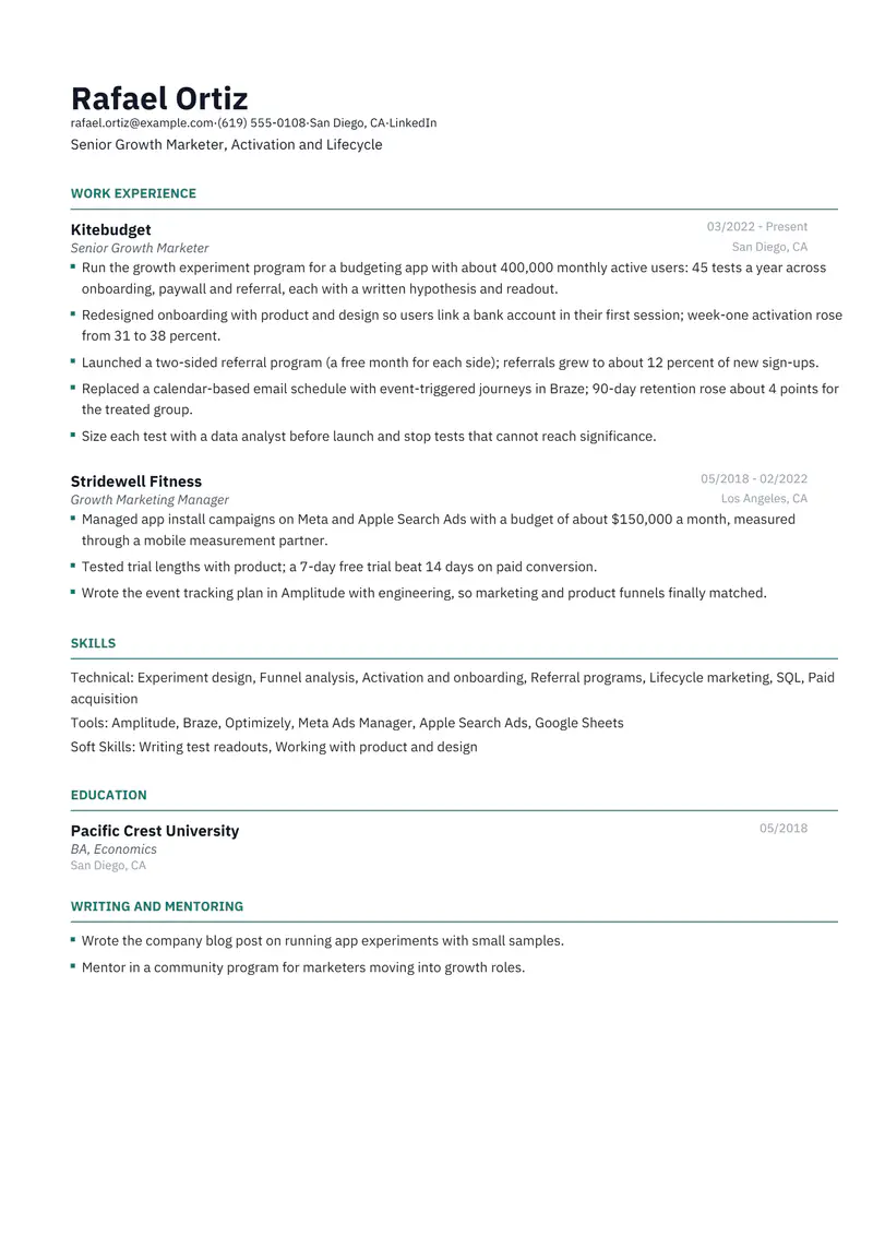 Growth Marketer resume template sample in Catalyst, page 1: fictional Senior Growth Marketer, Activation and Lifecycle
