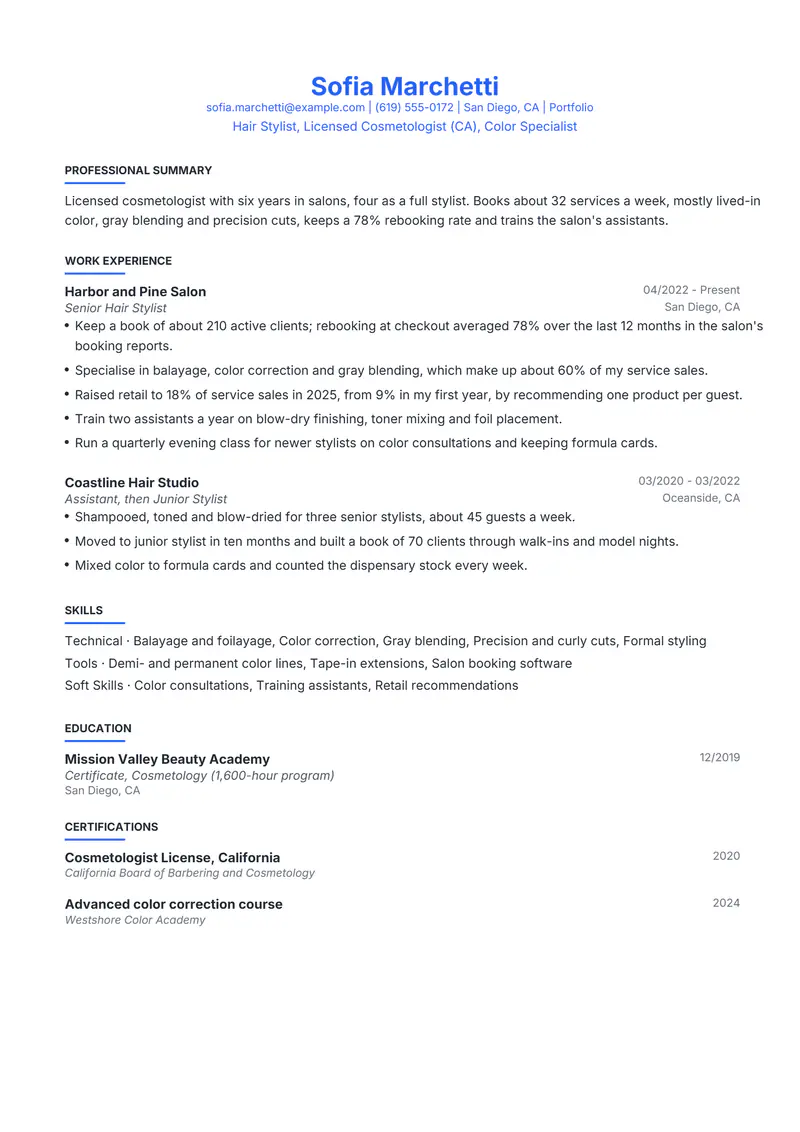 Hair Stylist resume template sample in Leslie, page 1: fictional Hair Stylist, Licensed Cosmetologist (CA), Color Specialist