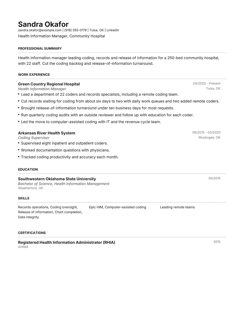 Health Information Manager resume template sample in Henrietta, page 1: fictional Health Information Manager, Community Hospital