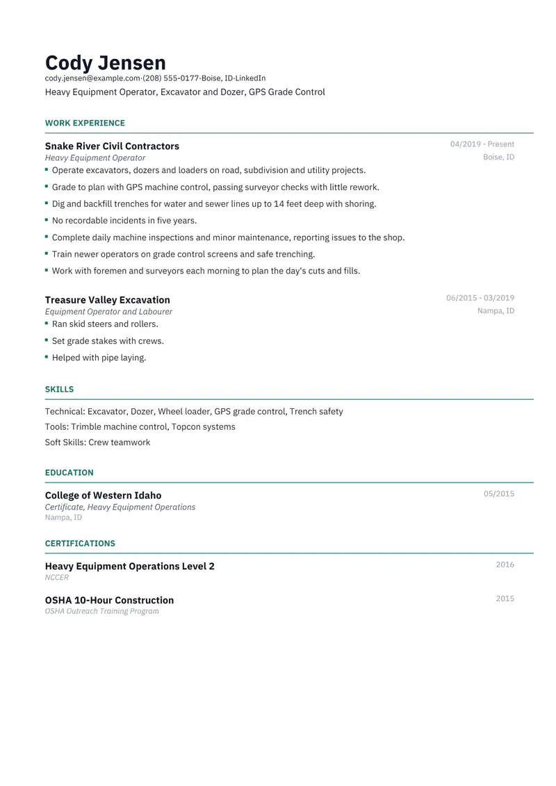 Heavy Equipment Operator resume template sample in Catalyst, page 1: fictional Heavy Equipment Operator, Excavator and Dozer, GPS Grade Control