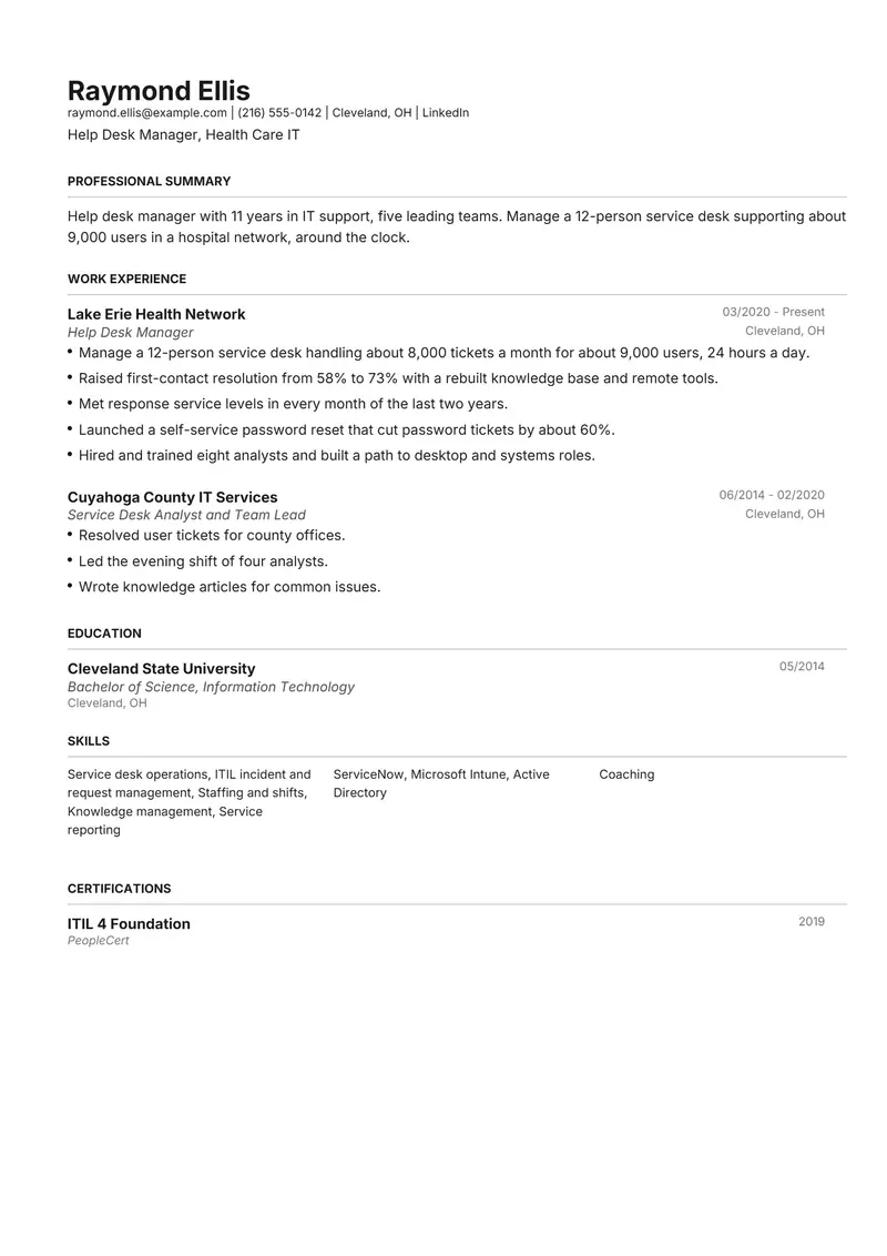 Help Desk Manager resume template sample in Henrietta, page 1: fictional Help Desk Manager, Health Care IT