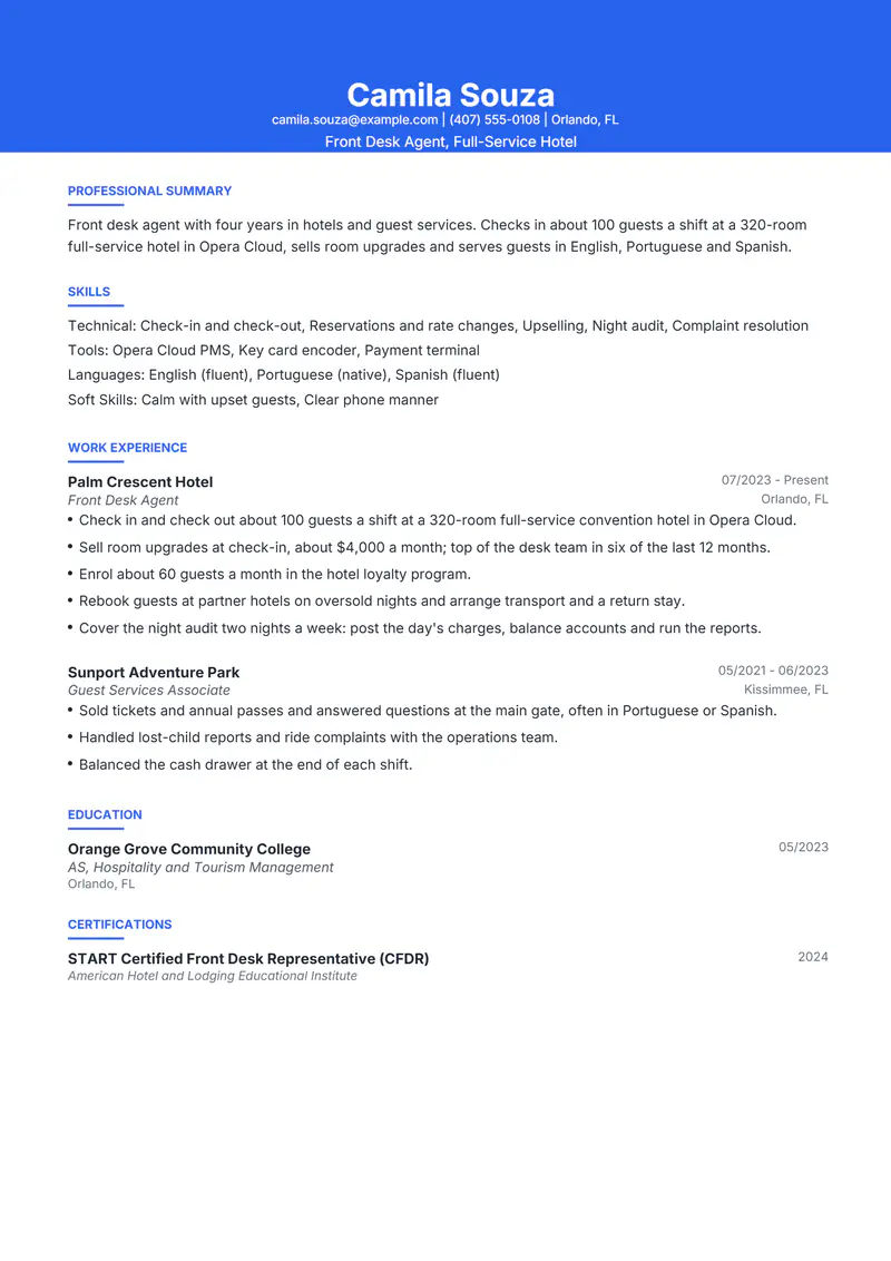 Hotel Front Desk Agent resume template sample in Olivia, page 1: fictional Front Desk Agent, Full-Service Hotel