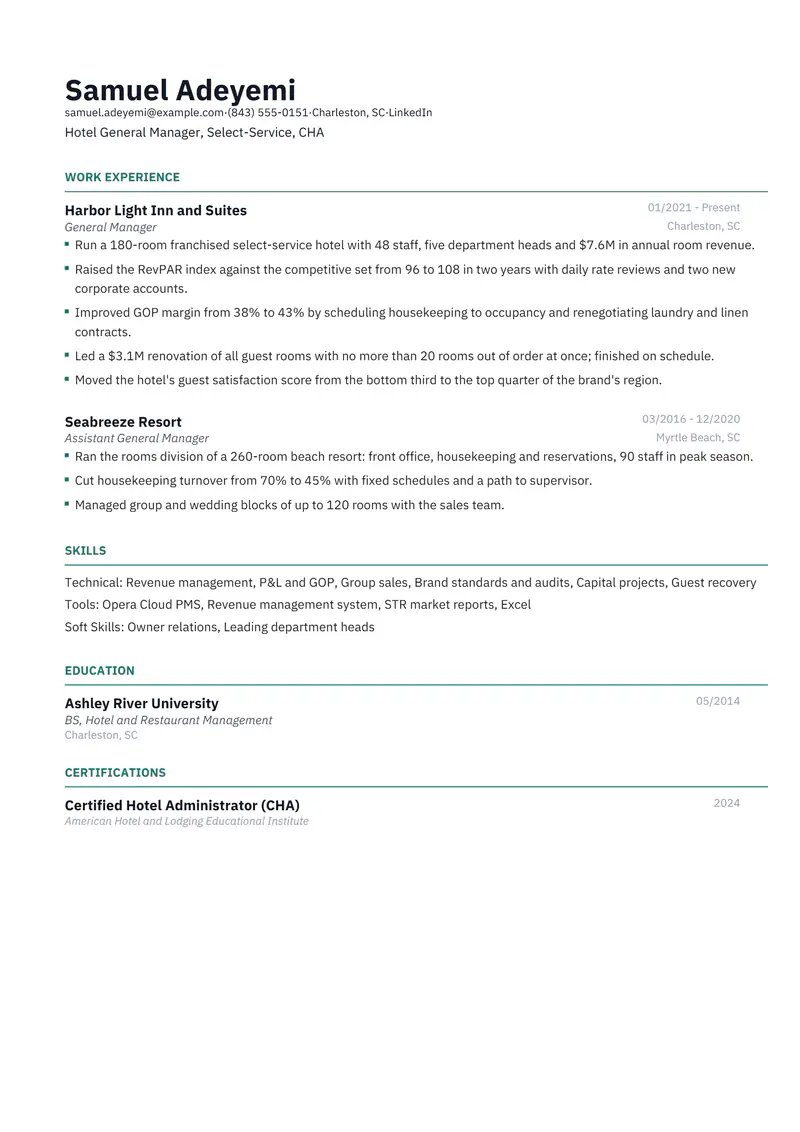 Hotel Manager resume template sample in Catalyst, page 1: fictional Hotel General Manager, Select-Service, CHA