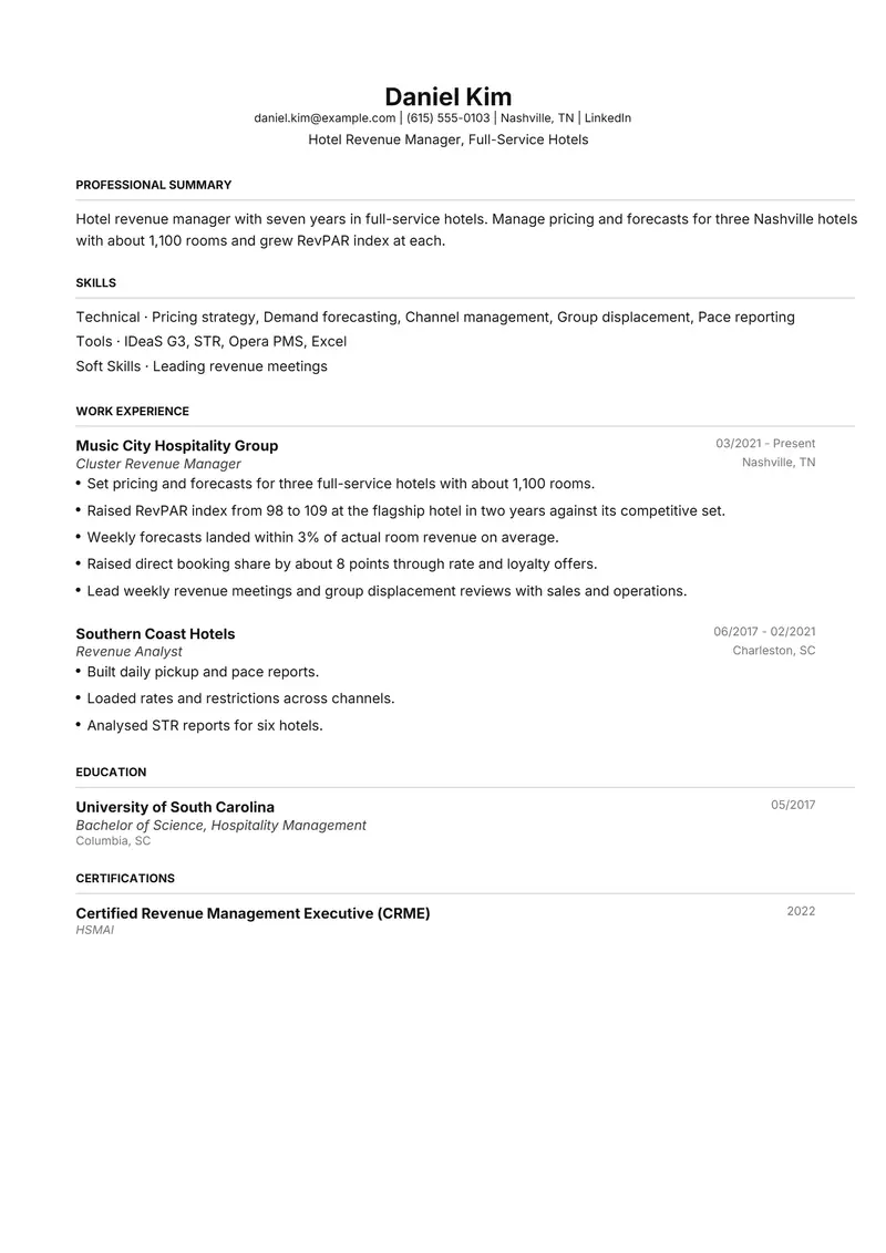 Hotel Revenue Manager resume template sample in FAANGPath, page 1: fictional Hotel Revenue Manager, Full-Service Hotels