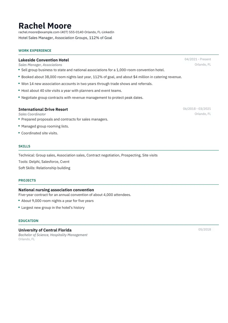 Hotel Sales Manager resume template sample in Catalyst, page 1: fictional Hotel Sales Manager, Association Groups, 112% of Goal