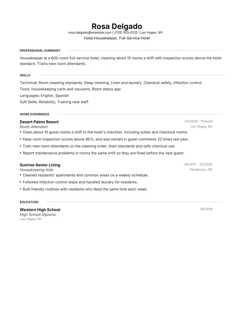 Housekeeper resume template sample in Meridian, page 1: fictional Hotel Housekeeper, Full-Service Hotel