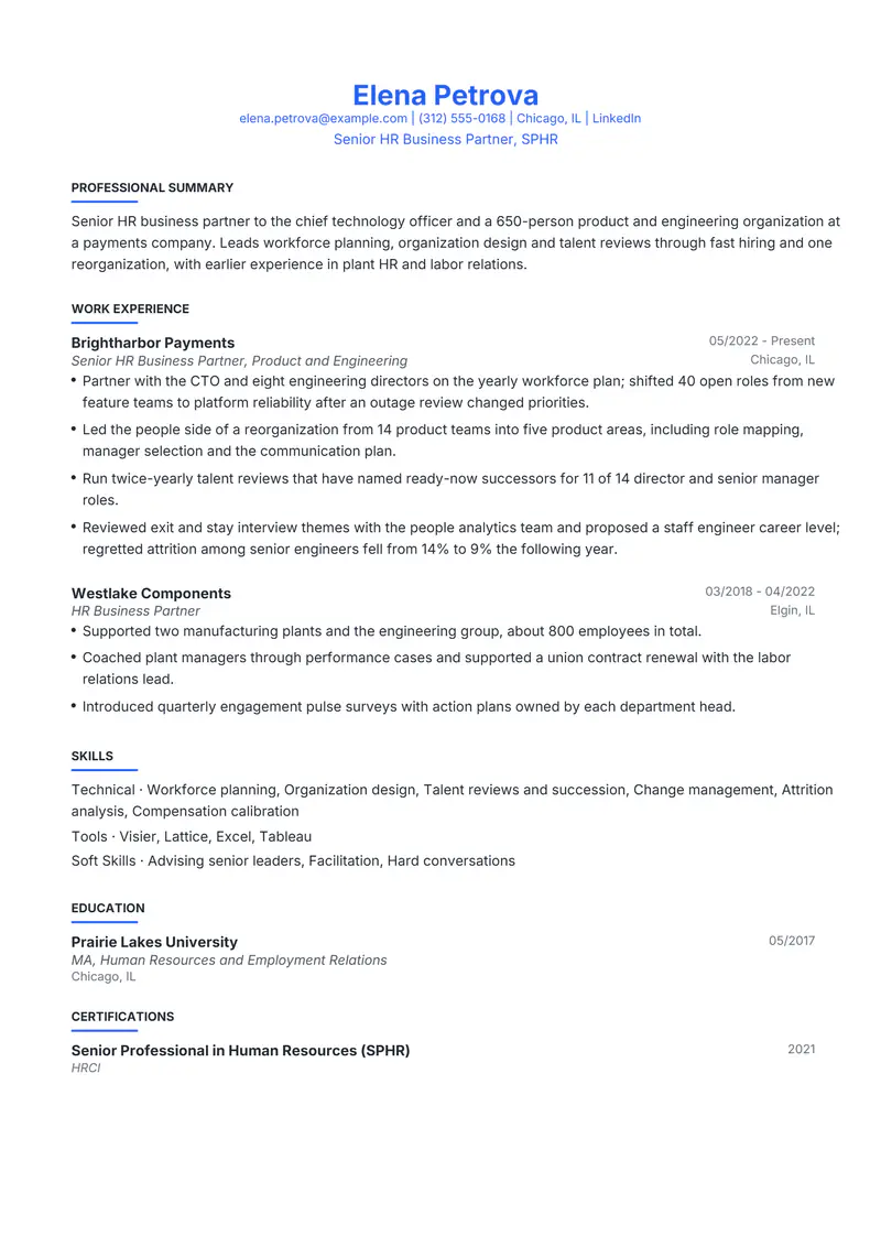 HR Business Partner resume template sample in Leslie, page 1: fictional Senior HR Business Partner, SPHR