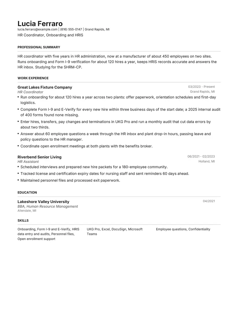 HR Coordinator resume template sample in Henrietta, page 1: fictional HR Coordinator, Onboarding and HRIS