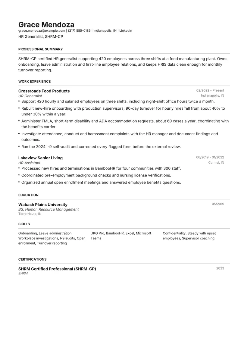 HR Generalist resume template sample in Henrietta, page 1: fictional HR Generalist, SHRM-CP