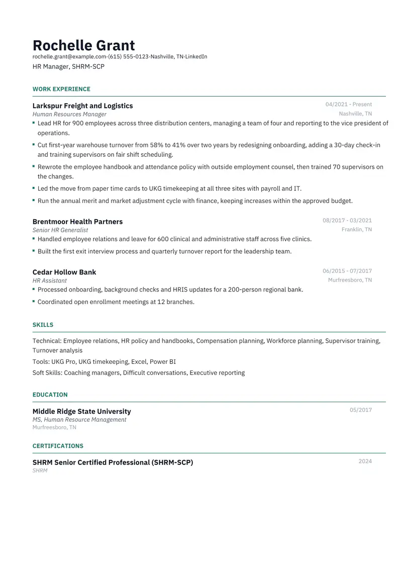 HR Manager resume template sample in Catalyst, page 1: fictional HR Manager, SHRM-SCP