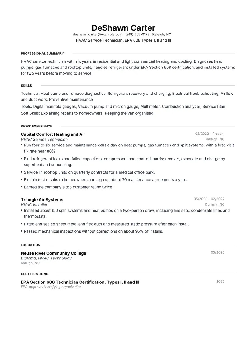 HVAC Technician resume template sample in Meridian, page 1: fictional HVAC Service Technician, EPA 608 Types I, II and III