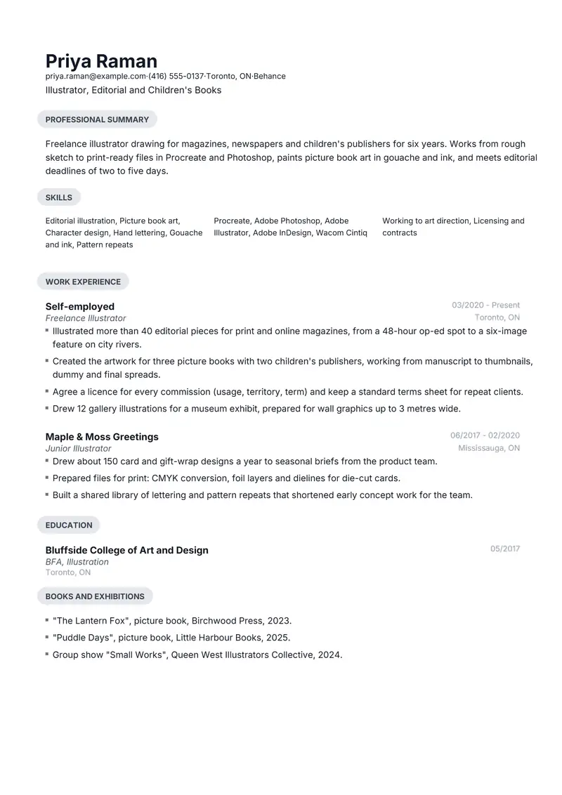 Illustrator resume template sample in Daniel, page 1: fictional Illustrator, Editorial and Children's Books