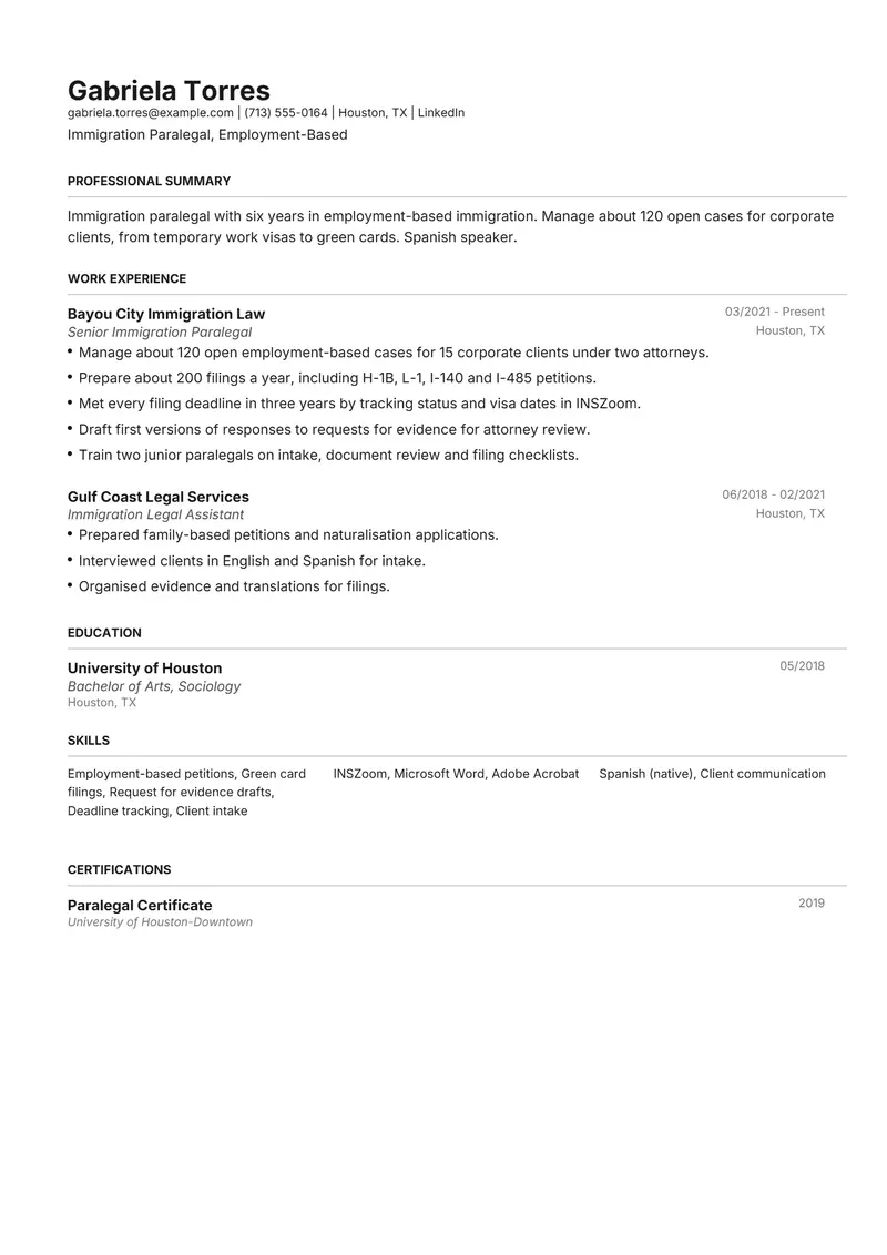 Immigration Paralegal resume template sample in Henrietta, page 1: fictional Immigration Paralegal, Employment-Based