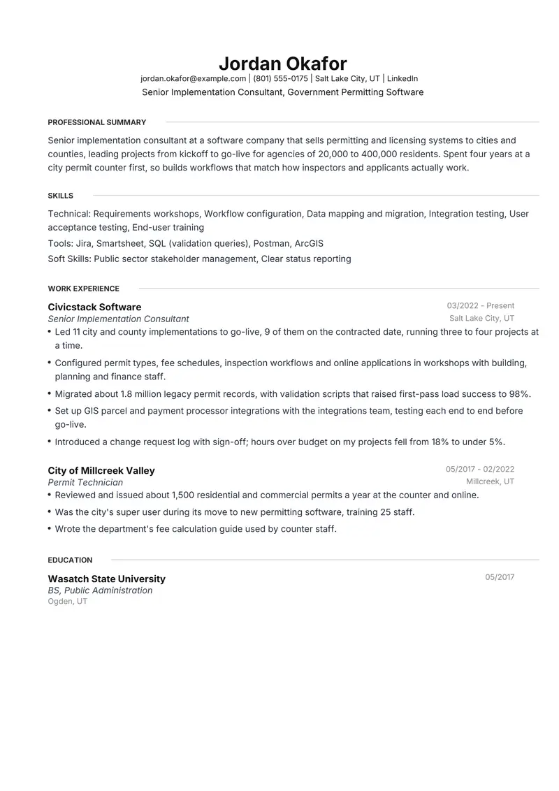Implementation Consultant resume template sample in Meridian, page 1: fictional Senior Implementation Consultant, Government Permitting Software
