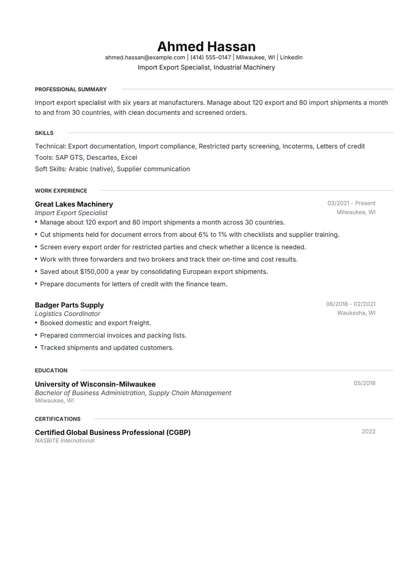 Import Export Specialist resume template sample in Meridian, page 1: fictional Import Export Specialist, Industrial Machinery