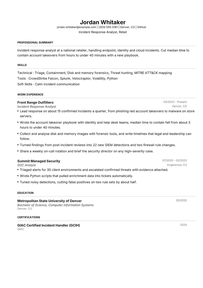 Incident Response Analyst resume template sample in FAANGPath, page 1: fictional Incident Response Analyst, Retail