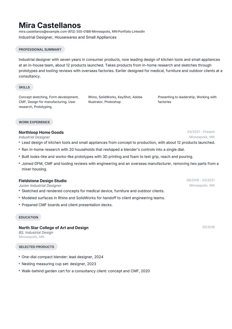 Industrial Designer resume template sample in Daniel, page 1: fictional Industrial Designer, Housewares and Small Appliances