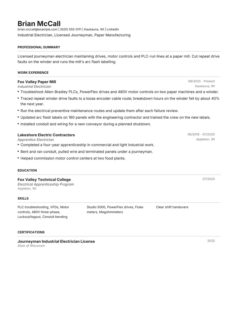 Industrial Electrician resume template sample in Henrietta, page 1: fictional Industrial Electrician, Licensed Journeyman, Paper Manufacturing