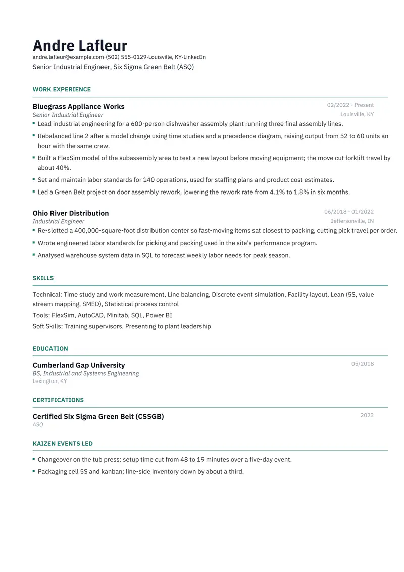 Industrial Engineer resume template sample in Catalyst, page 1: fictional Senior Industrial Engineer, Six Sigma Green Belt (ASQ)