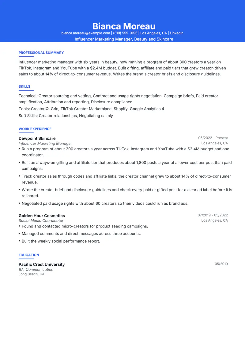 Influencer Marketing Manager resume template sample in Olivia, page 1: fictional Influencer Marketing Manager, Beauty and Skincare
