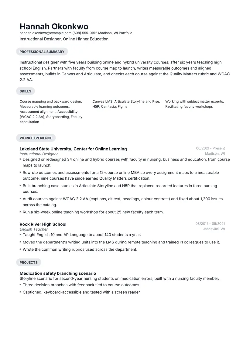 Instructional Designer resume template sample in Daniel, page 1: fictional Instructional Designer, Online Higher Education