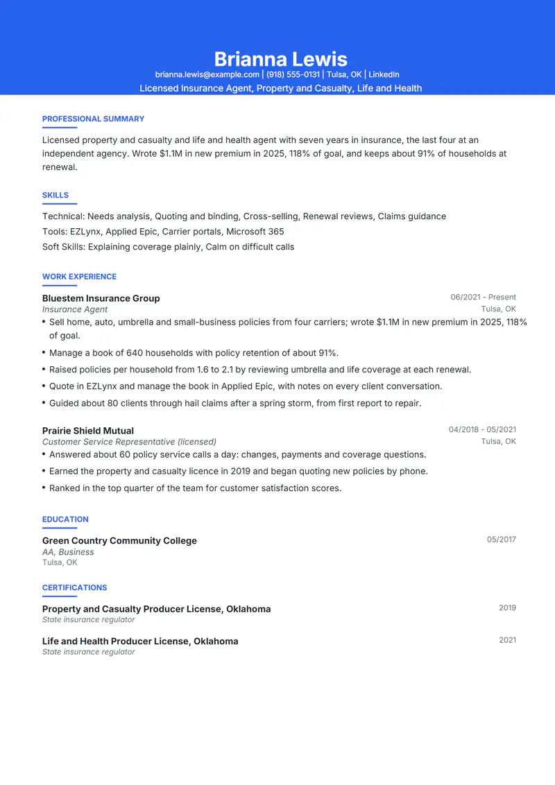 Insurance Agent resume template sample in Olivia, page 1: fictional Licensed Insurance Agent, Property and Casualty, Life and Health