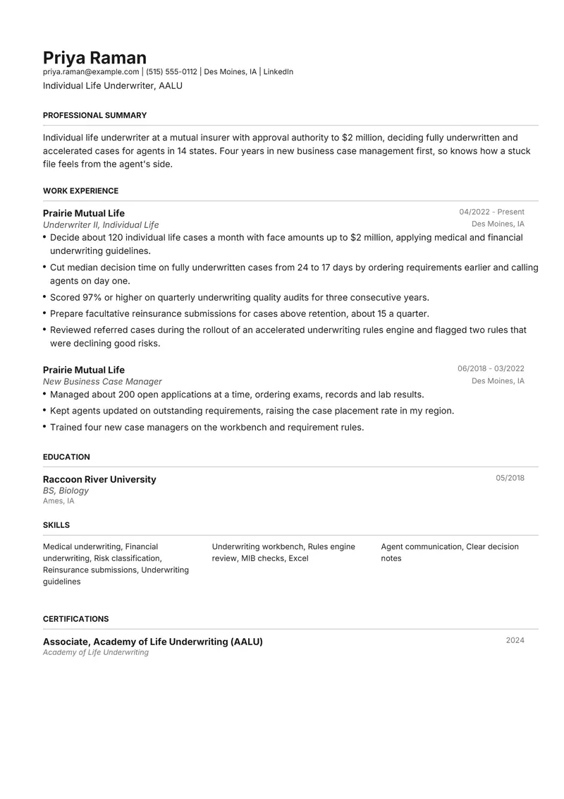 Insurance Underwriter resume template sample in Henrietta, page 1: fictional Individual Life Underwriter, AALU