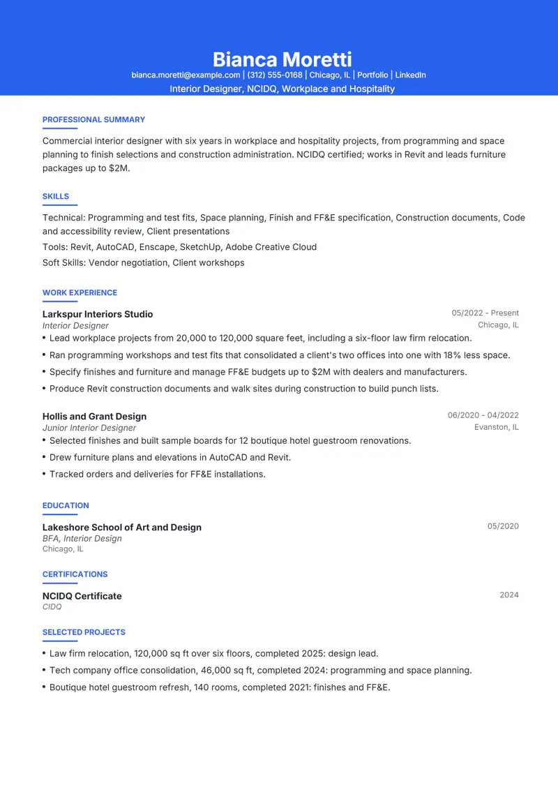 Interior Designer resume template sample in Olivia, page 1: fictional Interior Designer, NCIDQ, Workplace and Hospitality