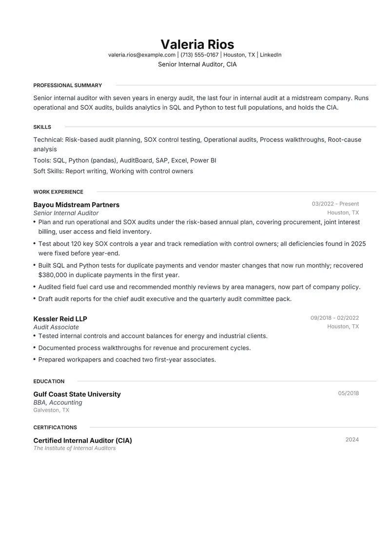 Internal Auditor resume template sample in Meridian, page 1: fictional Senior Internal Auditor, CIA