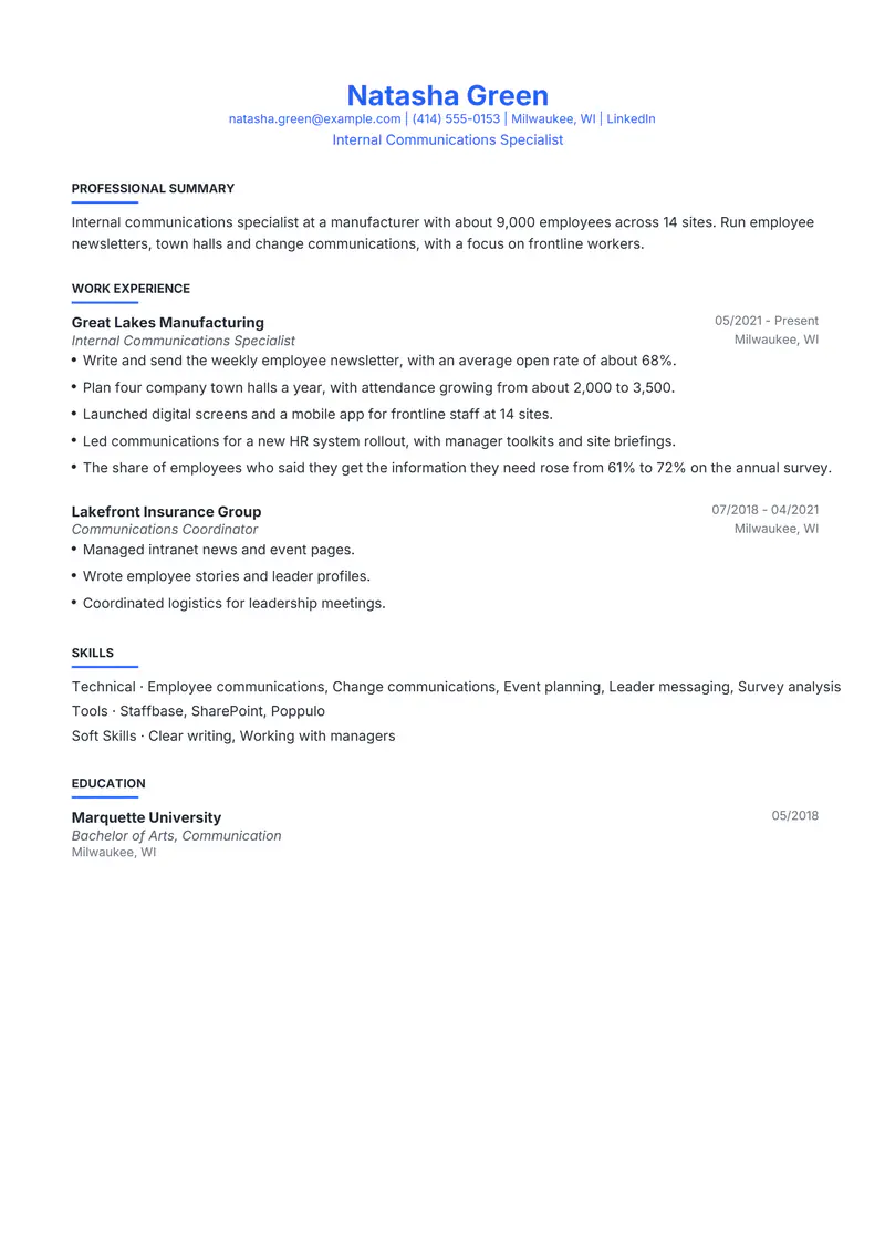 Internal Communications Specialist resume template sample in Leslie, page 1: fictional Internal Communications Specialist