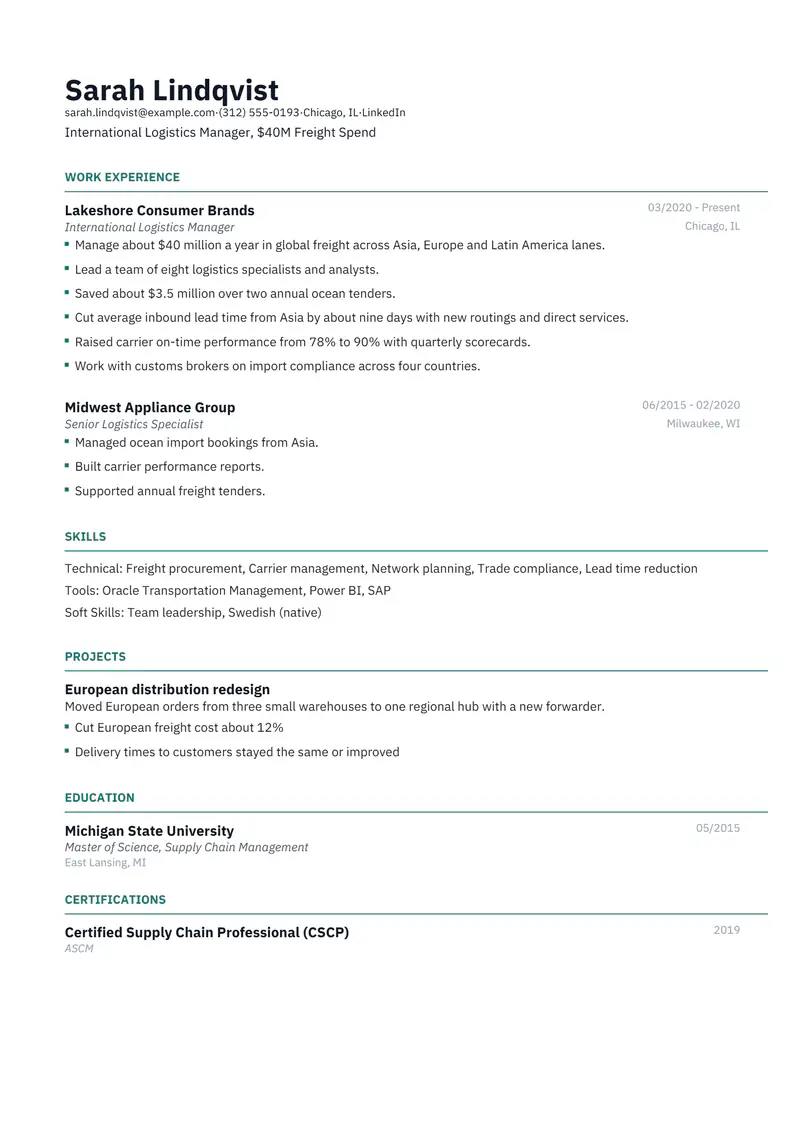 International Logistics Manager resume template sample in Catalyst, page 1: fictional International Logistics Manager, $40M Freight Spend