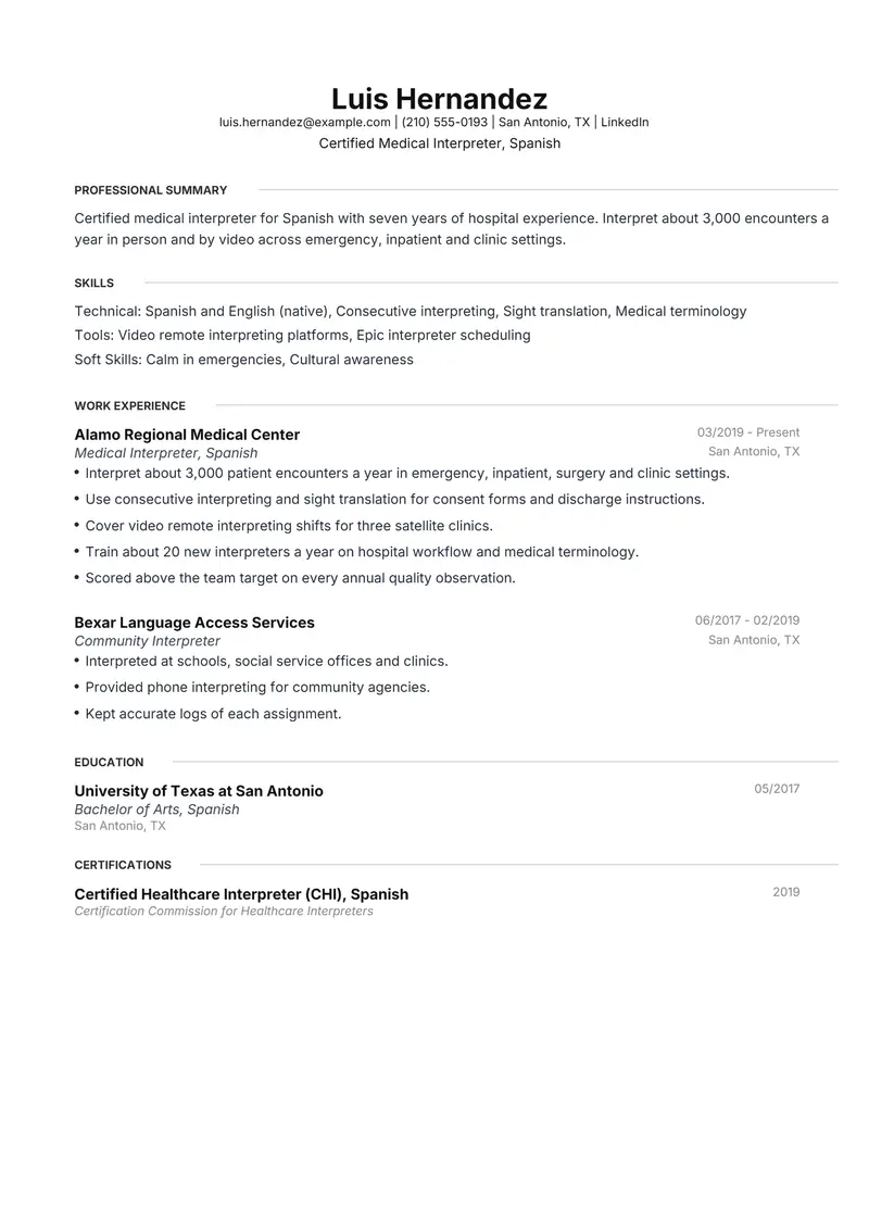 Interpreter resume template sample in Meridian, page 1: fictional Certified Medical Interpreter, Spanish
