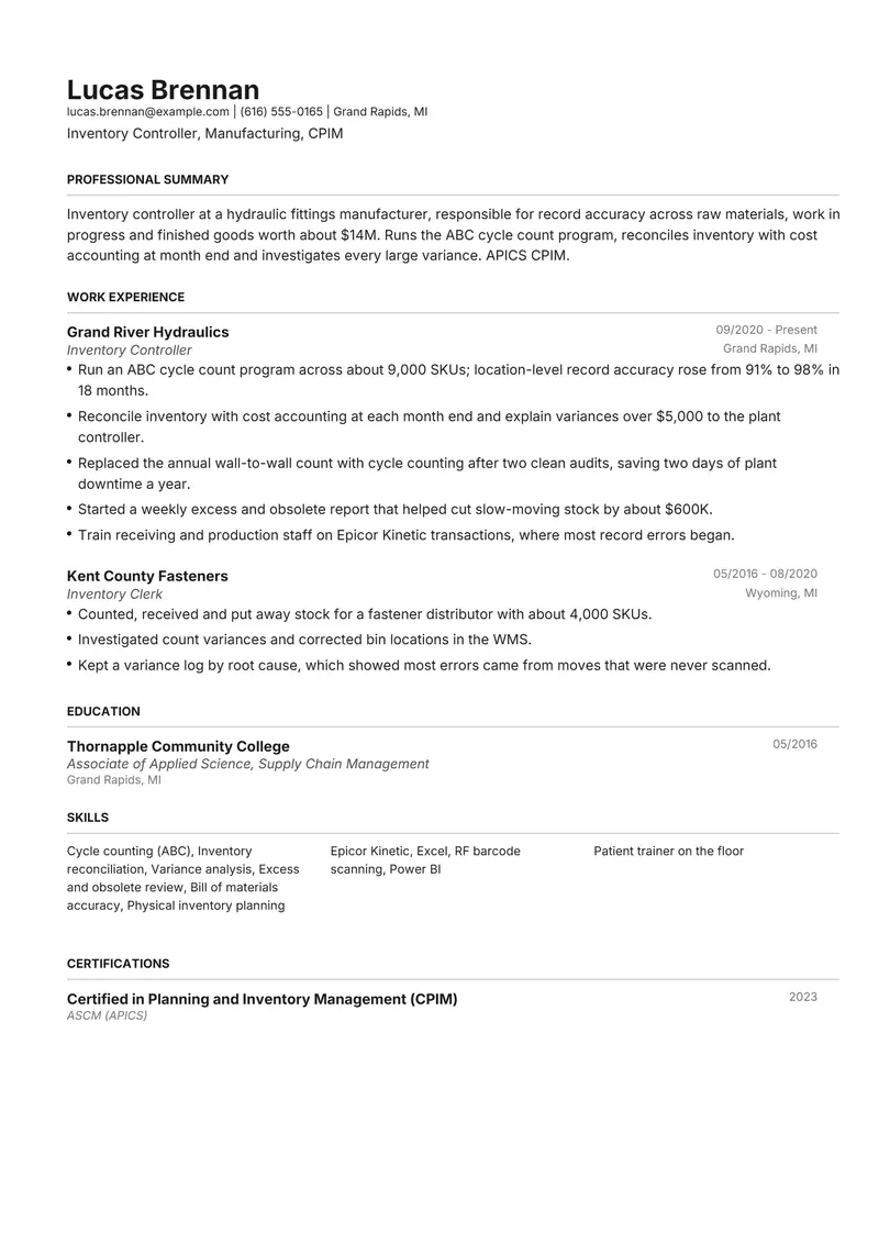 Inventory Controller resume template sample in Henrietta, page 1: fictional Inventory Controller, Manufacturing, CPIM