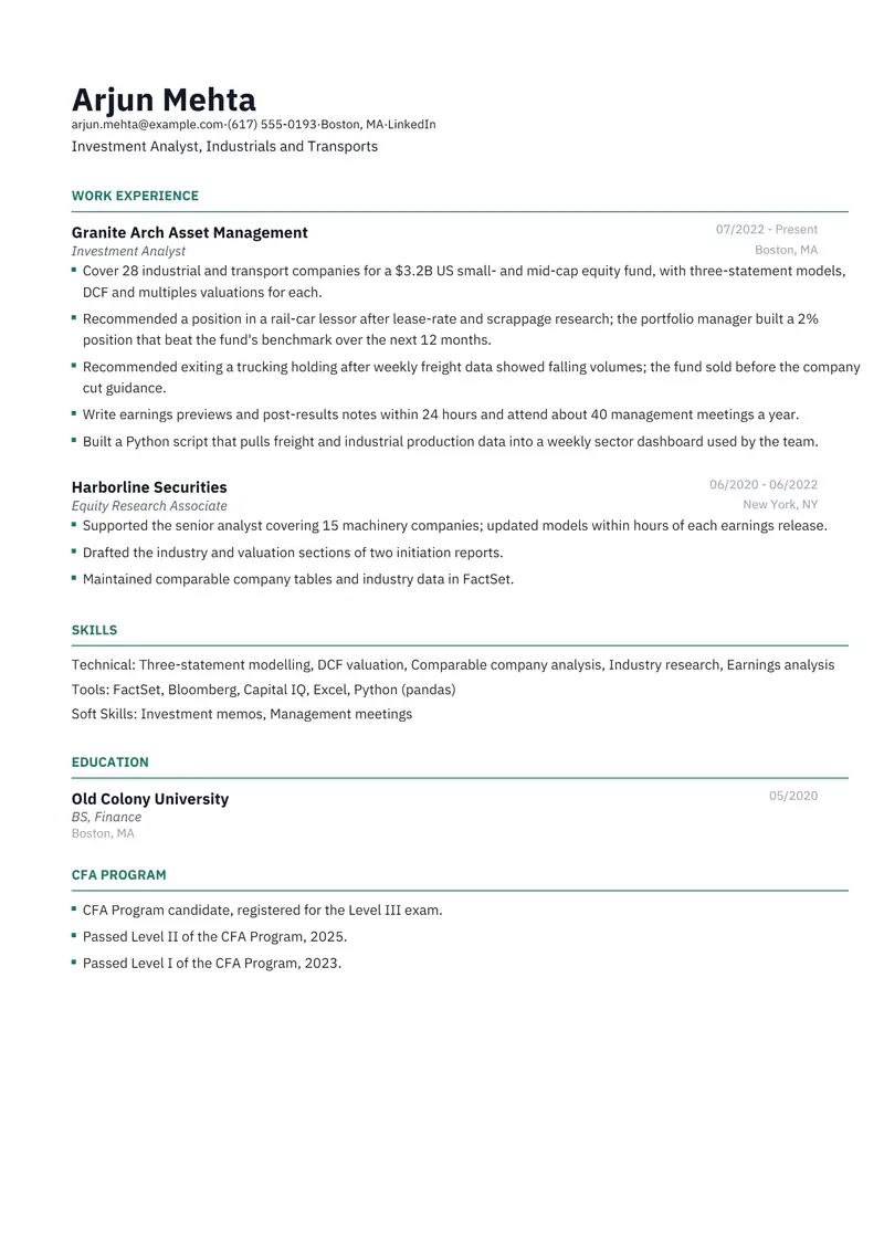 Investment Analyst resume template sample in Catalyst, page 1: fictional Investment Analyst, Industrials and Transports