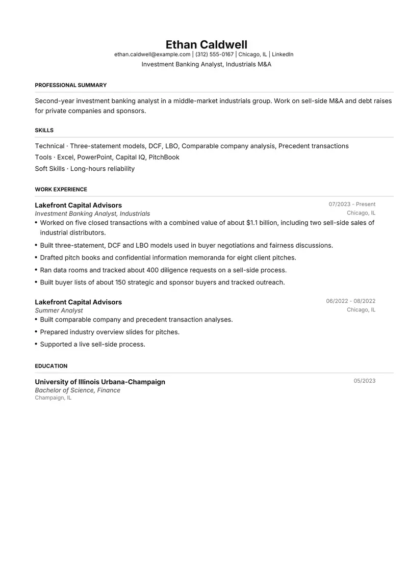 Investment Banking Analyst resume template sample in FAANGPath, page 1: fictional Investment Banking Analyst, Industrials M&A
