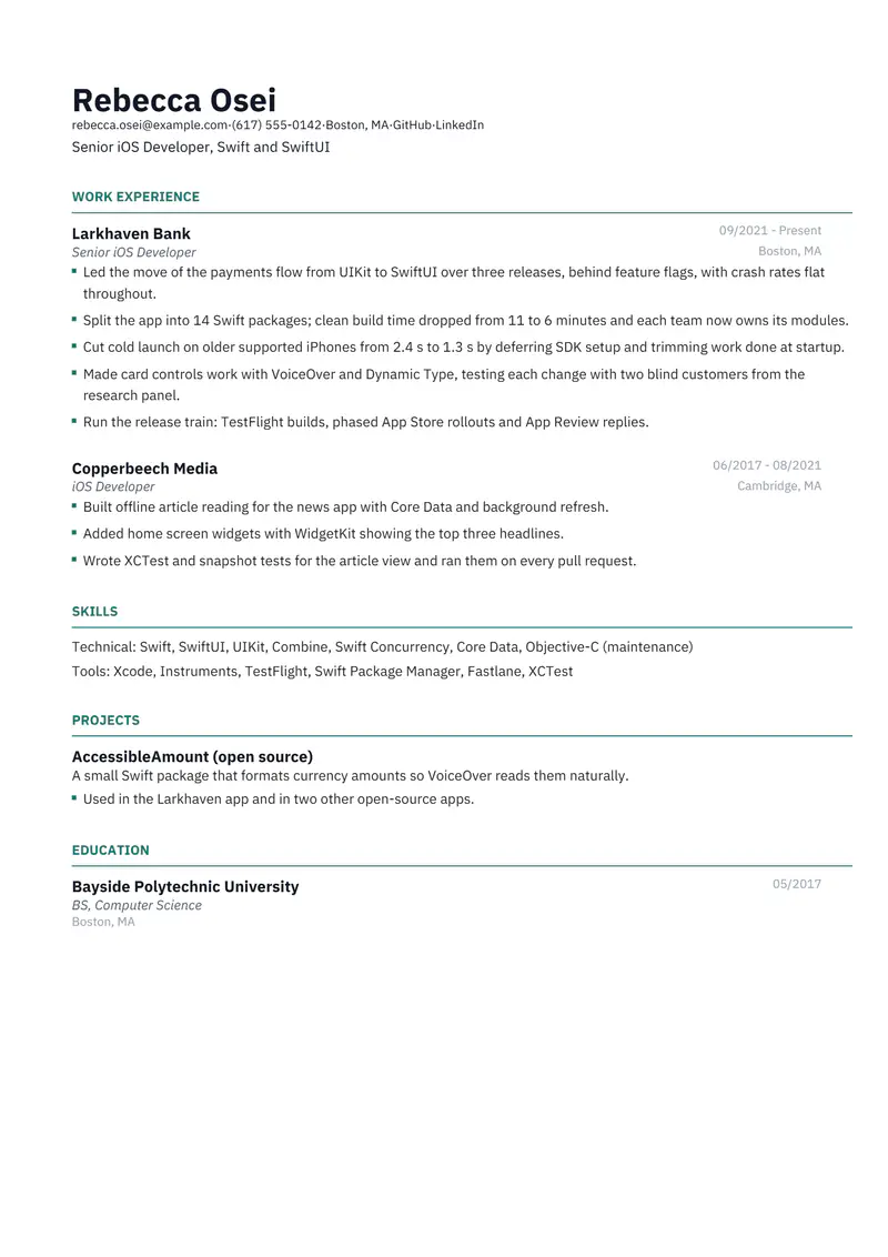 iOS Developer resume template sample in Catalyst, page 1: fictional Senior iOS Developer, Swift and SwiftUI