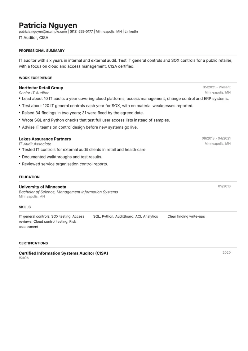 IT Auditor resume template sample in Henrietta, page 1: fictional IT Auditor, CISA