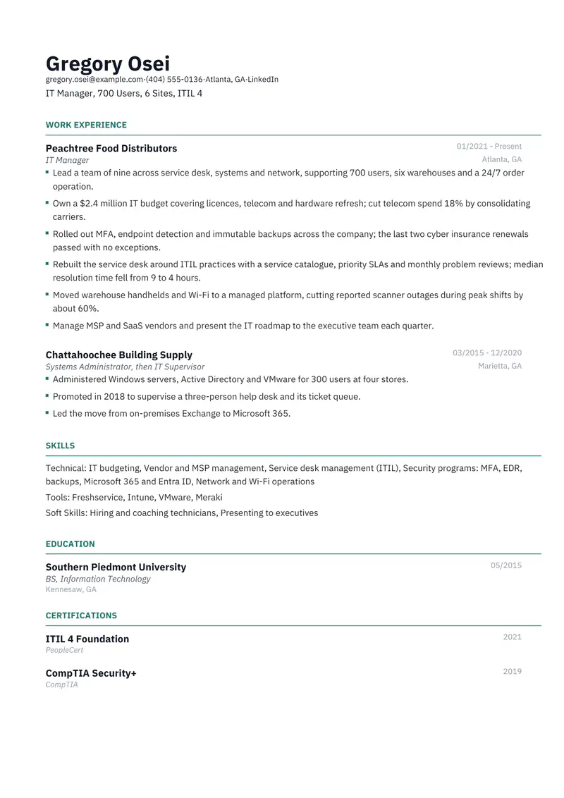 IT Manager resume template sample in Catalyst, page 1: fictional IT Manager, 700 Users, 6 Sites, ITIL 4