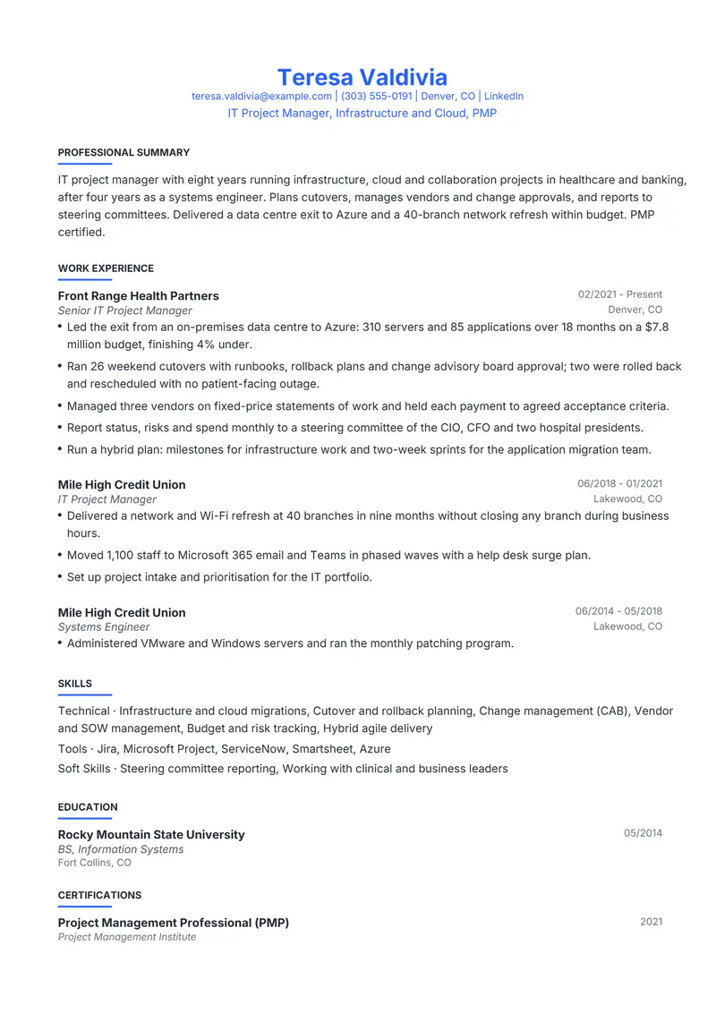 IT Project Manager resume template sample in Leslie, page 1: fictional IT Project Manager, Infrastructure and Cloud, PMP