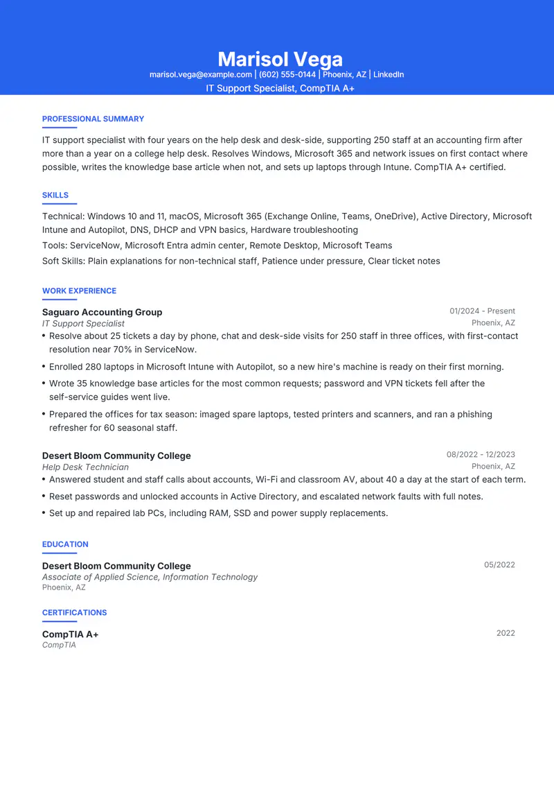 IT Support Specialist resume template sample in Olivia, page 1: fictional IT Support Specialist, CompTIA A+