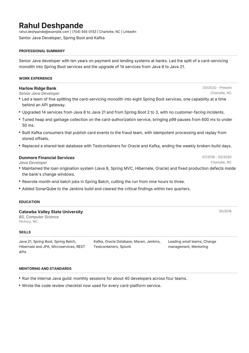Java Developer resume template sample in Henrietta, page 1: fictional Senior Java Developer, Spring Boot and Kafka