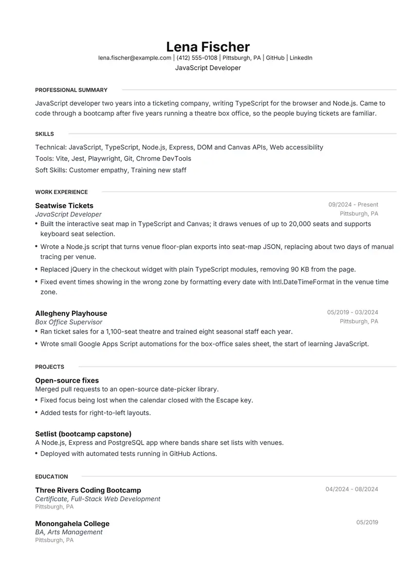JavaScript Developer resume template sample in Meridian, page 1: fictional JavaScript Developer