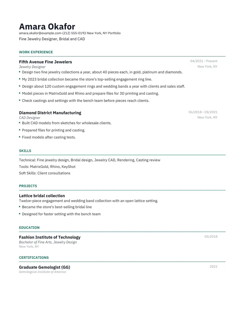 Jewelry Designer resume template sample in Catalyst, page 1: fictional Fine Jewelry Designer, Bridal and CAD
