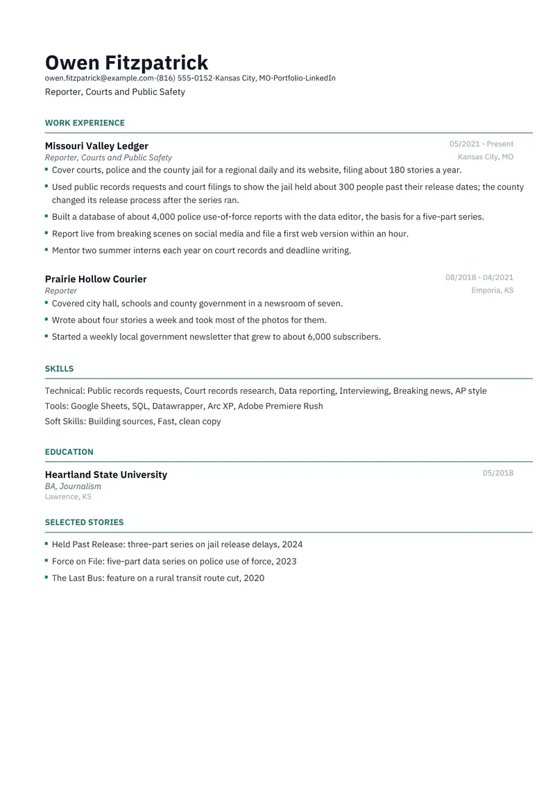 Journalist resume template sample in Catalyst, page 1: fictional Reporter, Courts and Public Safety