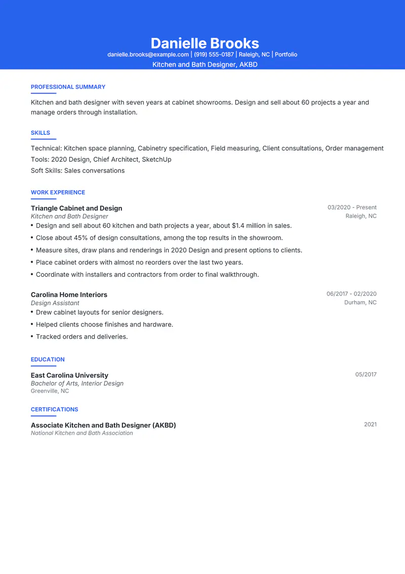 Kitchen Designer resume template sample in Olivia, page 1: fictional Kitchen and Bath Designer, AKBD