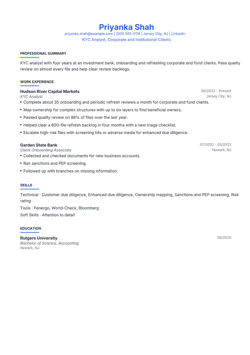 KYC Analyst resume template sample in Leslie, page 1: fictional KYC Analyst, Corporate and Institutional Clients