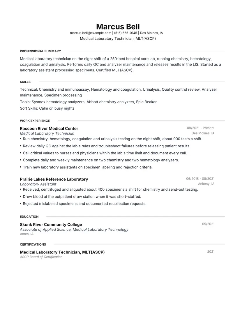 Lab Technician resume template sample in Meridian, page 1: fictional Medical Laboratory Technician, MLT(ASCP)
